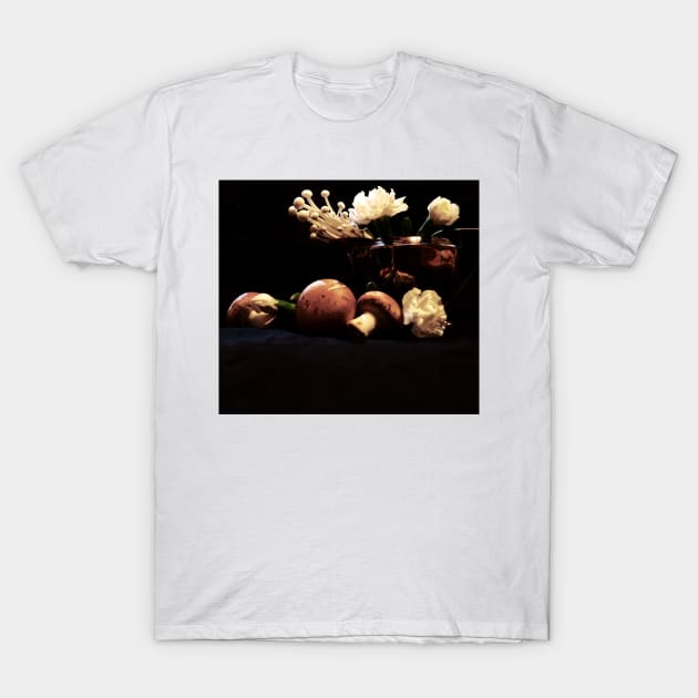 Mushrooms & Carnations 2 - Baroque Inspired Dark Still Life Photo T-Shirt by GenAumonier